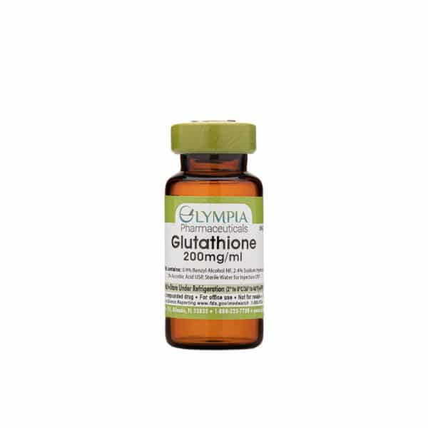 A vial of Olympia Pharmaceuticals Glutathione 200mg/ml, contained in an amber glass bottle with a green cap and a white label displaying product details. The vial is set against a plain white background.