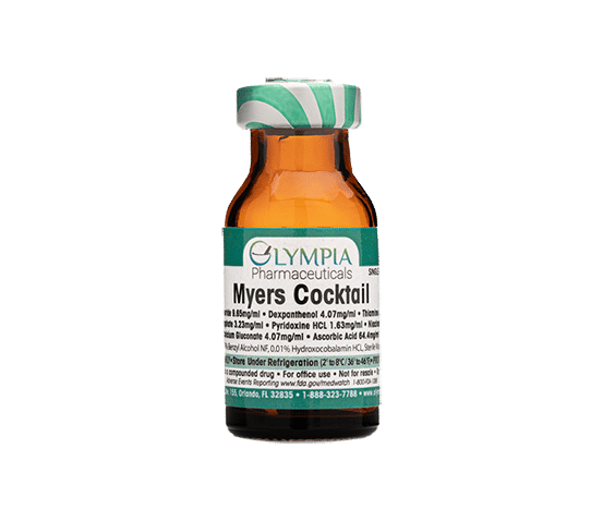 A small amber glass vial labeled "Myers Cocktail" by Olympia Pharmaceuticals, containing a vitamin and mineral infusion formula, with a green and white striped cap.